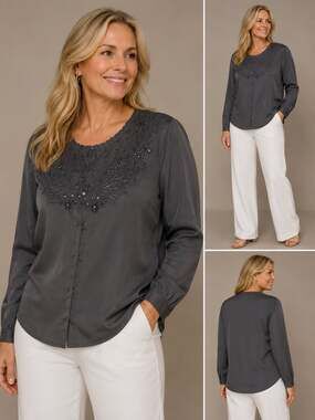 Kathy Che Women's Charcoal Grey Beaded Lace Embellished Long Sleeve Button-Down